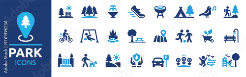 park, outdoor, recreation, icons, set, nature, trees, fountain, running, shoes, barbecue, grill, tent, bird, singing, hiker, bicycle, swing, bonfire, picnic, table, map, walking, wheelbarrow, shower, 