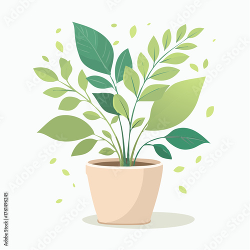 A potted plant with lush green leaves and stems in a terracotta pot, surrounded by floating leaves.