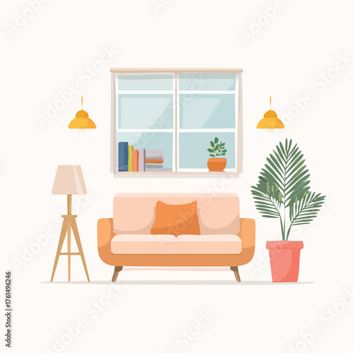 A modern living room scene with a couch, lamp, and plants, viewed from the front.