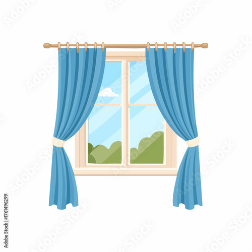 Flat vector of open window with drapes and scenic outdoor view perfect for home decoration and lifestyle design concept