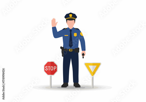 Illustration of a police officer in uniform holding up his hand in a stop gesture, standing next to a stop sign and yield sign.
