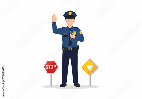 A uniformed police officer directing traffic with a raised hand, next to stop and yield signs.
