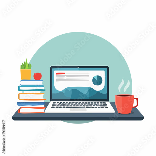 Vector illustration of modern workspace desk with open laptop, stack of books, and hot coffee cup for office theme