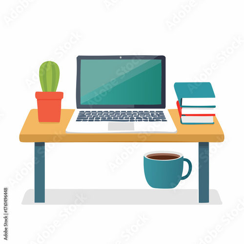 A clean and modern desk setup featuring a laptop, potted cactus, and coffee mug, perfect for remote work or study