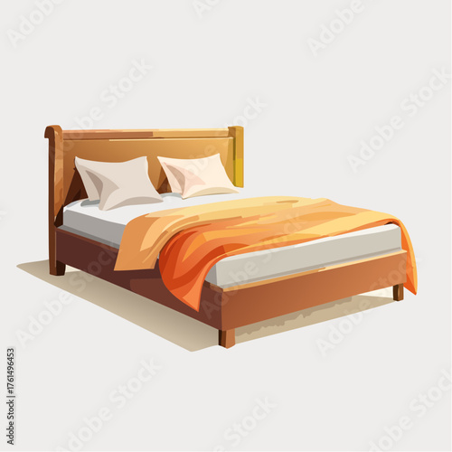 Comfortable wooden bed with soft pillows and a warm orange blanket, perfect for a relaxing night's sleep in a cozy home bedroom interior illustration