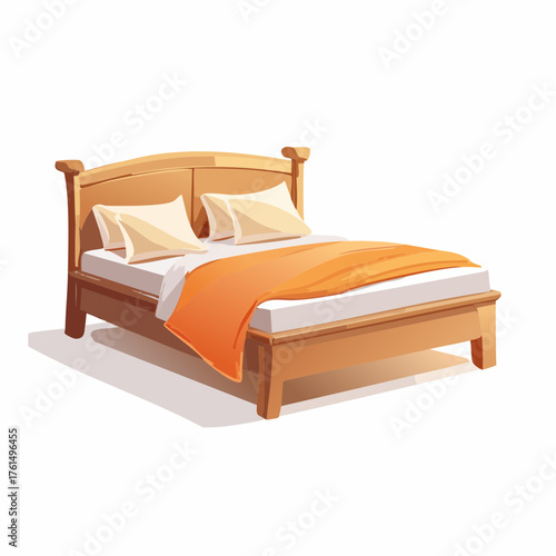 Cozy wooden bed with orange blanket and pillows, inviting and comfortable bedroom furniture