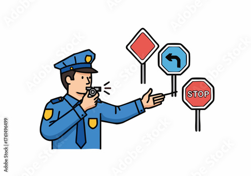 A police officer blowing a whistle, directing traffic near road signs.