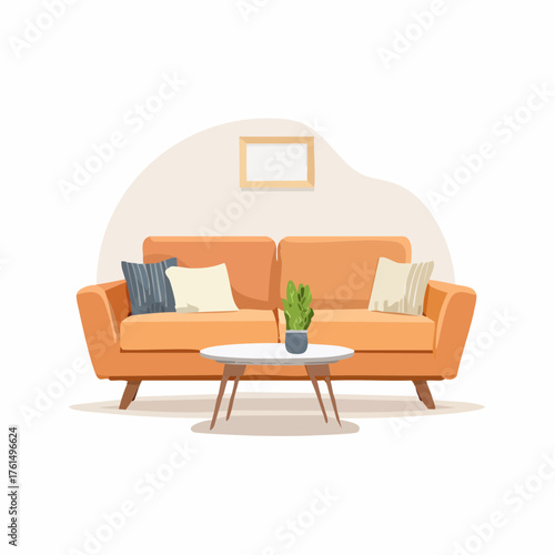 Modern Sofa Vector Graphic with Soft Pillows and Table Displaying Tiny Decorative Plant, Ideal for Home Decor and Lifestyle Illustrations