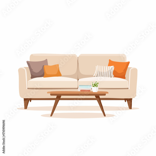 Comfortable living room furniture illustration. Modern beige sofa, colorful cushions, and stylish wooden coffee table, perfect for home interior design concepts