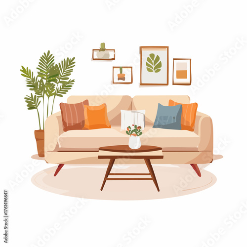 Cozy Living Room Vector Illustration Featuring Sofa with Cushions, Side Potted Plant, and Photo Frame on Wall Background, Perfect for Interior Design Projects