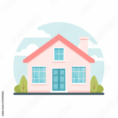 Modern flat design illustration of a charming single-family house. Features a pink facade, red roof, and bright windows, ideal for real estate, home ownership, or residential property themes