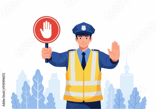 Cartoon traffic officer holding a stop sign with hand gesture, wearing a reflective vest and hat, against a cityscape background.