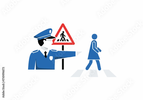 Illustration of a police officer directing a pedestrian to cross at a zebra crossing, indicated by a warning sign.