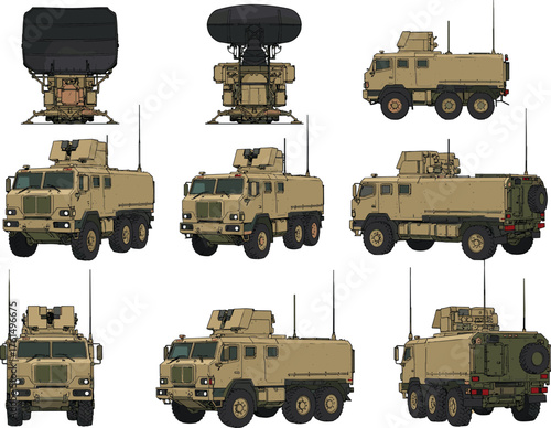 Military radar communication vehicles illustration, tactical army trucks with surveillance radar system, electronic warfare technology, defense equipment concept, desert camouflage transport, modern 