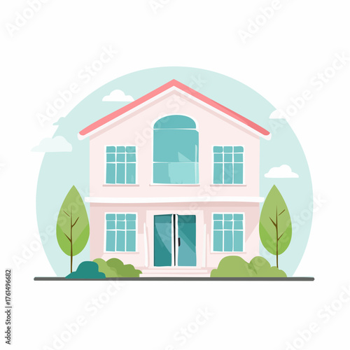 Illustration of a two-story house with a large front door and trees surrounding it, viewed from the front