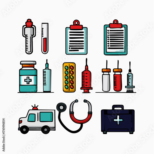 Healthcare and emergency vector pack with thermometer, clipboard, pills, syringe, stethoscope, ambulance, and first aid kit illustration