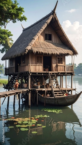 Elevated wooden dwelling on serene waters, with thatched roof, person visible