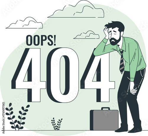 Frustrated man leaning on large 404 numbers with a briefcase and text OPS 404 error page not found
