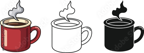 Coffee mug illustration in color, outline, and silhouette styles