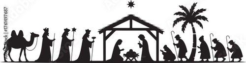 The sages go with camels to worship the newborn Jesus and on the other side there are shepherds with staffs. Set