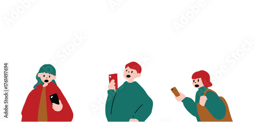 people, group, smartphones, mobile phones, technology, communication, connection, isolation, distraction, red jacket, green sweater, brown bag, looking down, surprised, shocked, isolated, white backgr