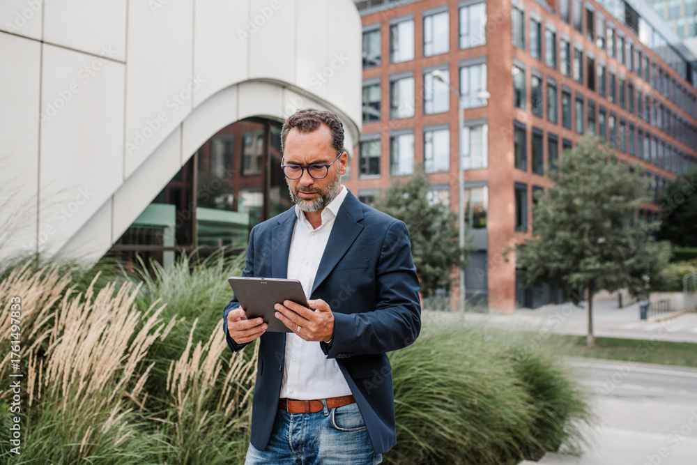 Fototapeta premium Businessman in front of office building, holding tablet and reading something.