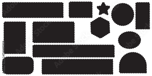 Scallop edged frame template. Bentoblack grid shapes. Geometry modular moodboard borders with perforation. Label textboxes Lace frill pack. Trendy blocks blank layout. Vector flat illustration