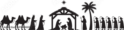 The sages go with camels to worship the newborn Jesus and on the other side there are shepherds with staffs. Set