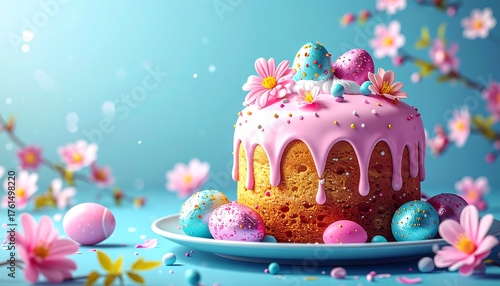 Festive Easter cake with decorated eggs and blooming branches