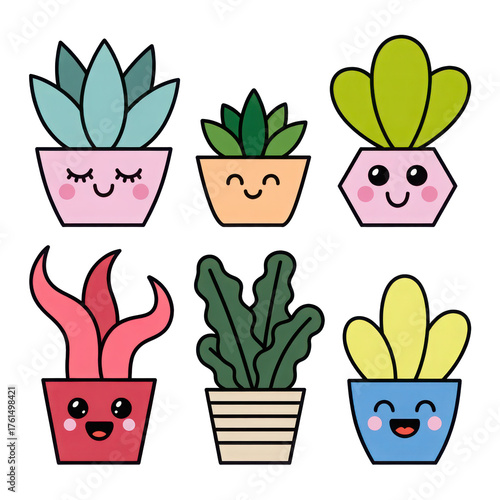 3d rendered illustration of adorable kawaii potted plants with cute faces isolated on transparent background