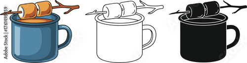 Mug with marshmallow stick illustration in color, line art and silhouette styles