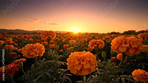 Vibrant Orange Marigold Field Glowing in the Warm Light of a Picturesque Sunset