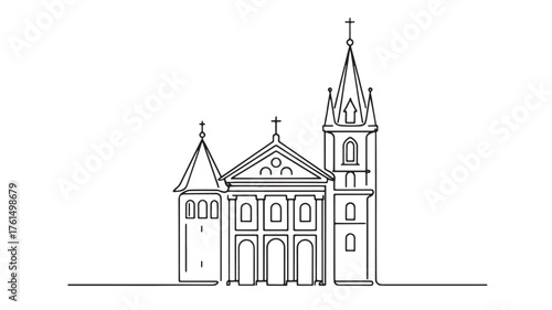 Elegant architectural sketch of a grand church with intricate details and soaring spires.