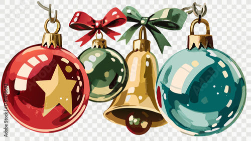 Watercolor Christmas ornaments with bows, festive decorations for holiday cheer and seasonal greetings