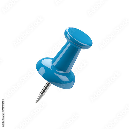 Single bright blue thumbtack pointed up isolated on a solid dark surface isolated on transparent background