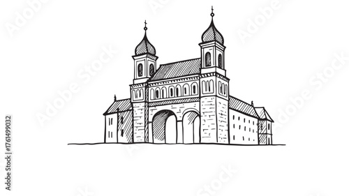 Historic building with grand arches and twin towers, sketched in a classic style