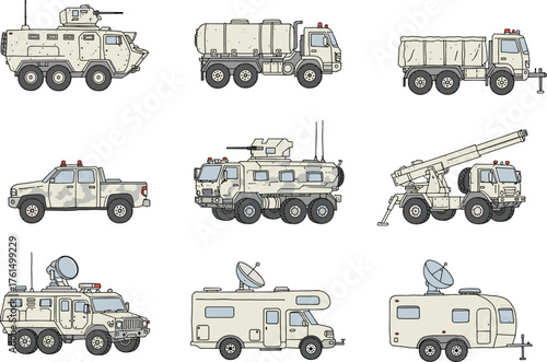 Military trucks and armored vehicles, tactical combat transport illustration, defense artillery trucks, communication vehicles, army logistics transport, warfare convoy 