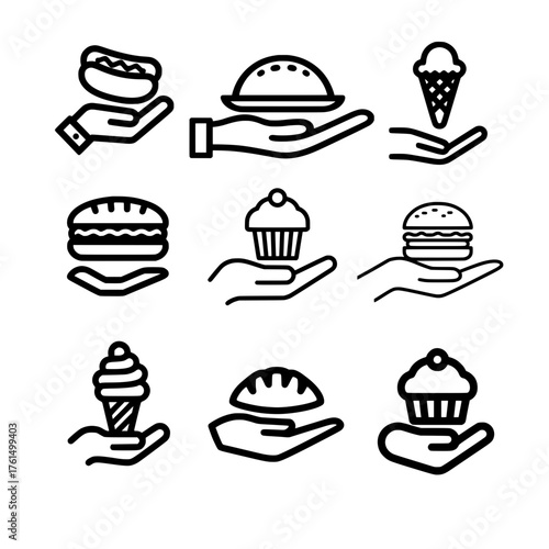 Open hand icon with food symbols representing snack offering like cake burger and hotdog