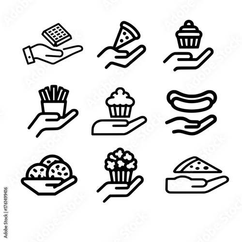 Vector hand holding fast food icons like pizza chocolate cake popcorn and french fries design