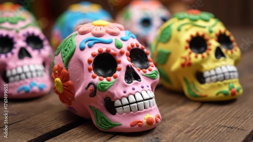 Vibrant Calaveras: A Dynamic Close-Up Exploration of Colorful Mexican Day of the Dead Sugar Skulls