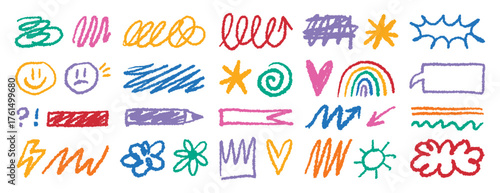 Crayon doodle colorful charcoal hand drawn set. Pencil drawings squiggle shapes and forms. Freehand collage elements.