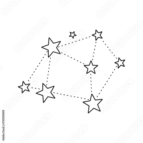 Simple constellation line art. Minimalist hand-drawn doodle of stars connected by dotted lines. Astrology zodiac symbol, isolated black and white vector illustration for tattoo or logo.
