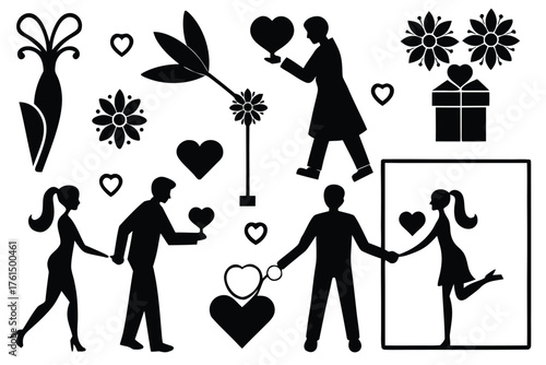 Romantic silhouette vector bundle featuring couples flowers gift and hearts scalable eps illustration