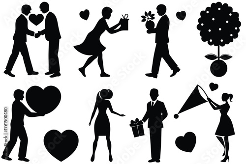 Romantic silhouette vector bundle with hearts and gifts scalable eps illustration for design