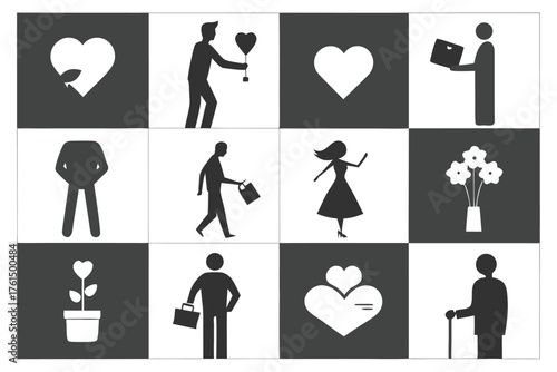 Scalable silhouette vector bundle grid diverse people holding gifts flowers and hearts illustrations
