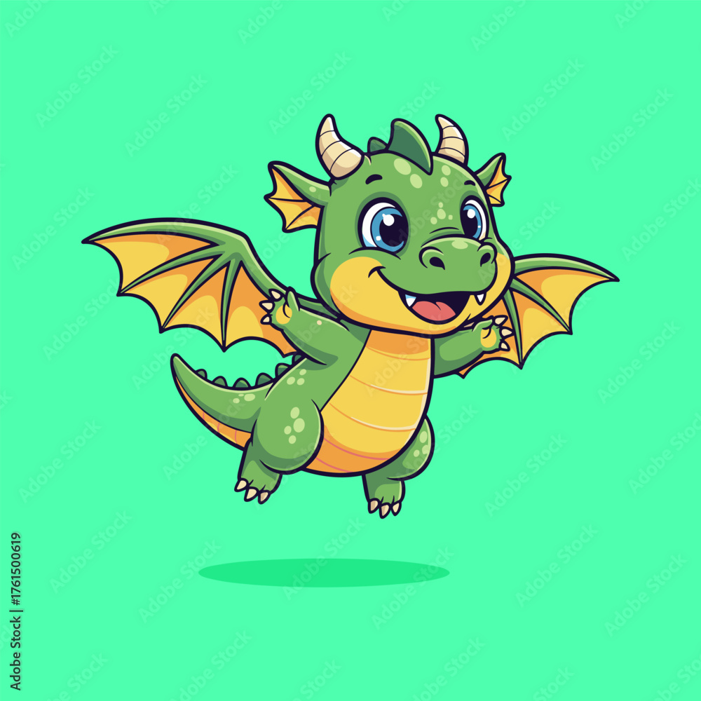 Fototapeta premium Cute Chibi Baby Dragon Flying with Open Wings Illustration