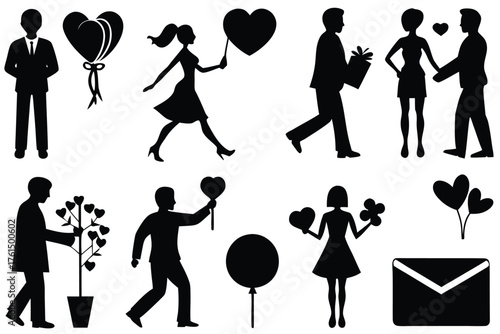 Romantic couple silhouette vector bundle instant download heart balloons love graphics