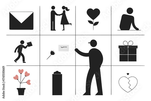 Silhouette vector bundle grid layout of valentine's day icons for digital graphics