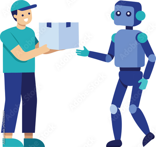 Isometric vector illustration of human courier delivering package to futuristic robot