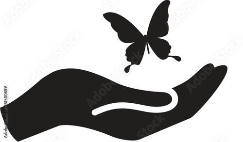 hand releasing butterfly icon symbolizing freedom, transformation, gentle care, hope, nature, environmental protection, mental wellness, letting go, personal growth.
